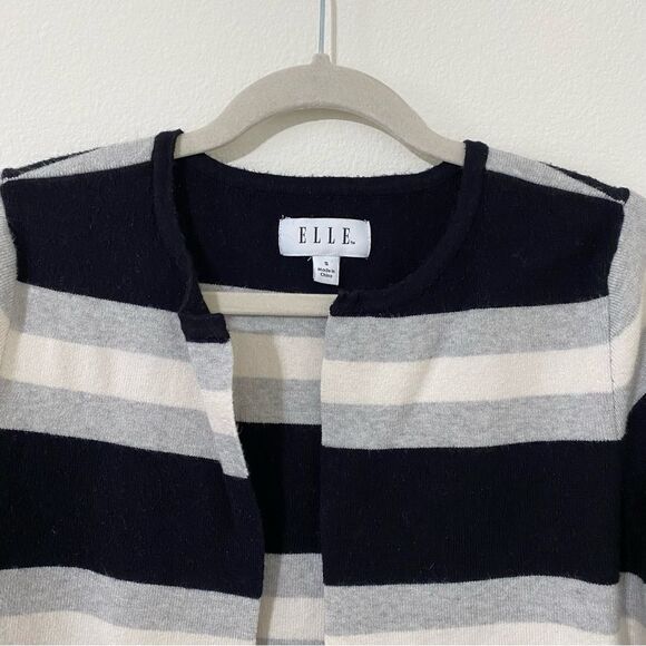 ELLE Striped Oversized Cardigan Sweater Black Gray White Size Small - Picture 2 of 8